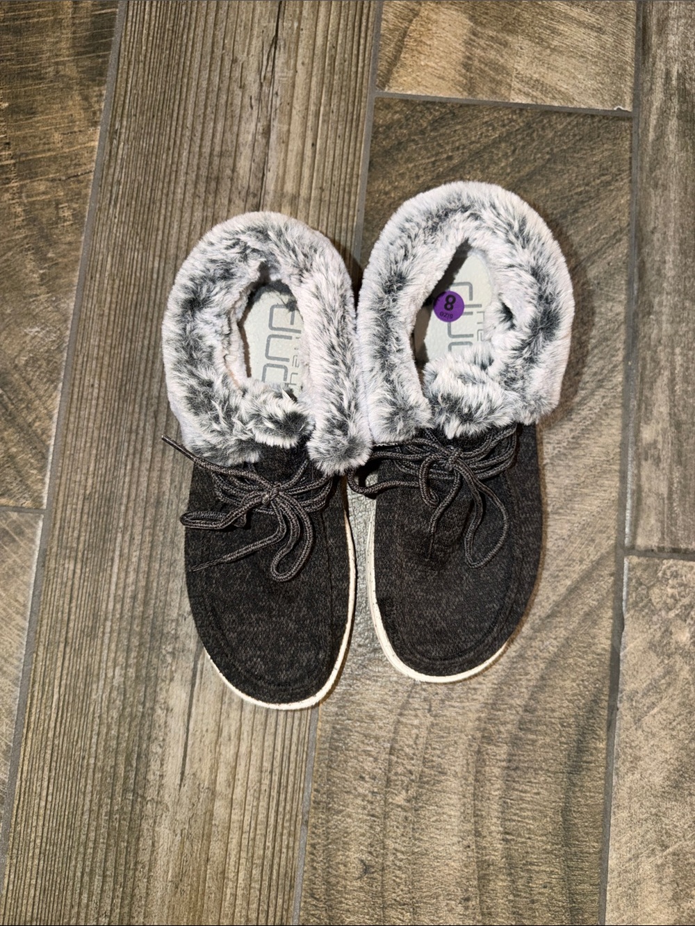 Hey Dude Faux Fur-Trimmed Shoes in Charcoal grey& black.